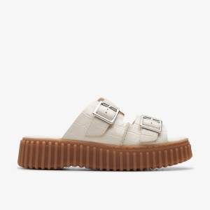 Pantofi Platforma Dama Clarks Torhill Slide Cream Interest Albi | 576084REF